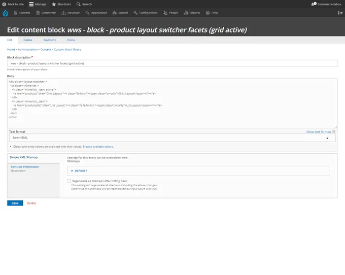 The #Drupal block HTML that creates the tiny #drupalcommerce shopping page layout switcher is comprised of just a <div> containing a <ul> list with 2 inner <li><a> elements that display the @fontawesome grid and list font icons!

Check out #drupalcommerce!
https://dc2x.websitework.space