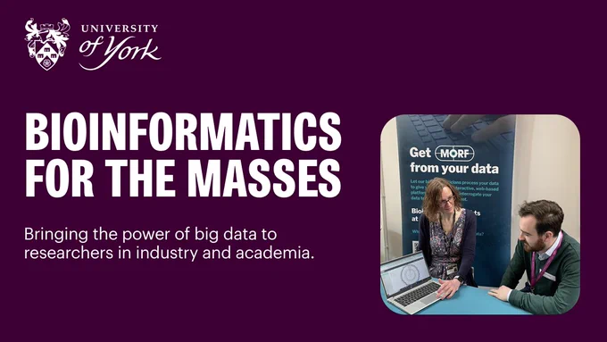The MORF team demonstrating the tool. Text reads: Bioinformatics for the masses. Bringing the power of big data to researchers in industry and academia.