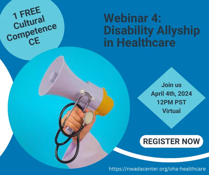 Blue background, a stethoscope and megaphone, our Webinar Disability Allyship in Healthcare counts for 1 free cultural competence CE