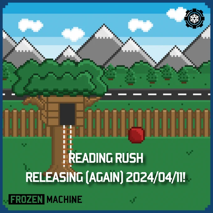 Background for Reading Rush which shows blue skies, with white clouds, a treehouse, a red ball, a wooden fence, snowy mountains, an asphalt road, and a green yard with the words “READING RUSH RELEASING (AGAIN) 2024/04/11”.