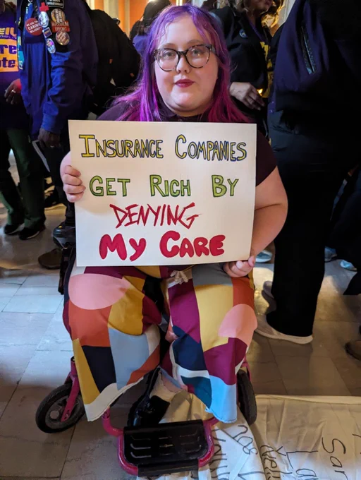 A woman with glasses and purple shoulder length hair using a pink wheelchair sits in the war room of the NY Capitol while holding a sign that reads "Insurance Companies Get Rich By Denying My Care".