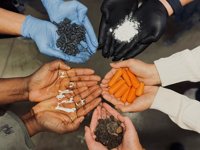 Five sets of hands holding various materials
