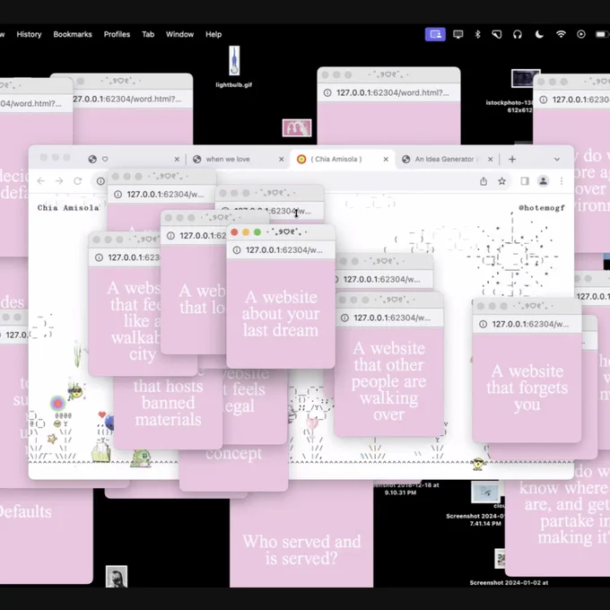 A screenshot of a desktop filled with many small and overlapping browser windows, each containing an idea or sentiment for a website. Behind the windows are several thumbnail previews of image files, randomly scattered throughout the desktop.