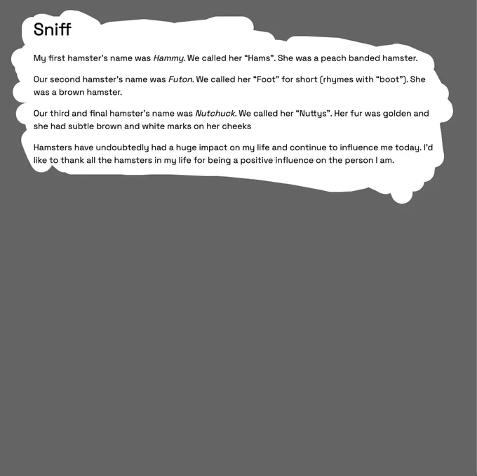 A screenshot of a website with text about 3 hamsters, Hammy, Futon and Nutchuck, and the positive influence they have had on the website creator’s life. 