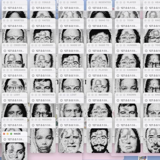 A screenshot of a 6x6 grid of browser windows slightly overlapping each other. Each window has a one-word title and presents a low-resolution, dithered black and white photograph of a person. 
