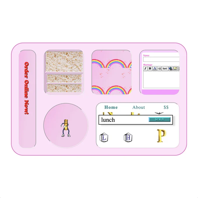 A screenshot of a website showing a pink lunch tray containing several compartments of embedded iframes that feature various images, animated gifs, and HTML elements.