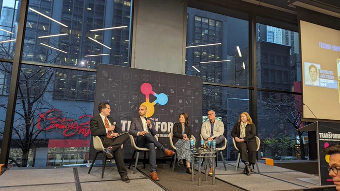 Photo of the panelists on stage, including Verily CMO Alix Hart at MM M Transform's session Techno-empathy and the marketing mix