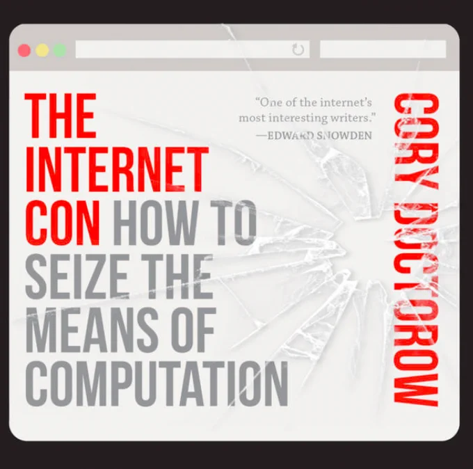 art for book, The Internet Con, simulating a broken smart device screen on top of the title and author's name