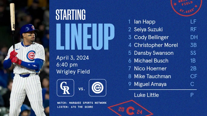 Cubs vs. Rockies at Wrigley Field, 6:40 p.m. CDT on Marquee Sports Network.

Happ leads off in left field,
Suzuki in right field,
Bellinger the designated hitter,
Morel at third base,
Swanson at shortstop,
Busch at first base,
Hoerner at second base,
Tauchman in center field,
Amaya catching,
Luke Little makes the start!