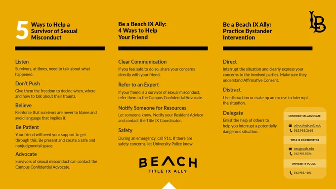 Beach IX Ally. Sexual Misconduct Safety. Campus Confidential Advocate: 562.985.2668. Title IX Coordinator: 562.985.8256. University Police: 562.985.4101.