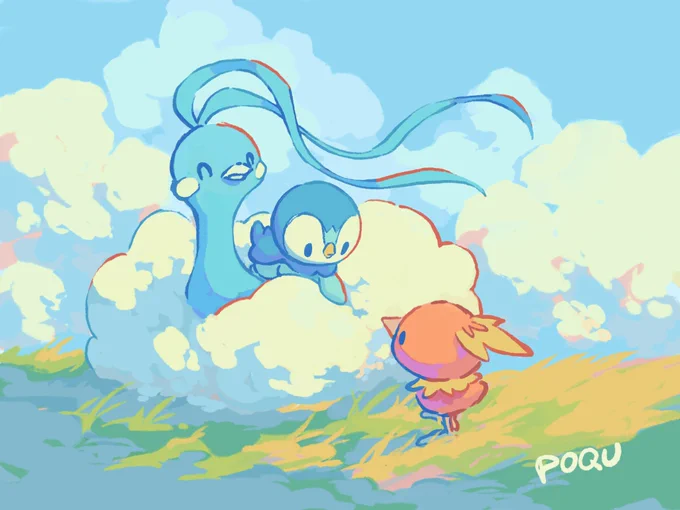 Illustration of piplup mounted on altaria, reaching an arm out to torchic, who is standing on the ground. The sky behind them has fluffy clouds that match altaria.