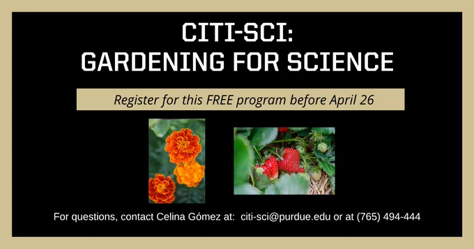 Citizen Science Gardening for Science Program. Purdue University, the University of Tennessee, Iowa State University, and North Carolina State University are joining forces to provide you with the opportunity to become a scientist and learn about gardening, healthy eating habits, and strategies to maintain good mental health. You, as a scientist, will grow strawberry and marigold plants and complete surveys to tell us about your experiences and growing success. All materials will be provided to you for free. 
Register before April 26.