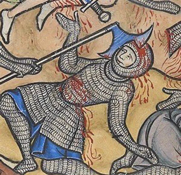 a medieval drawing of a man in chain mail being hit in the head with an axe. he is holding up his arms as if in a shrug and wears a nonplussed expression on his face