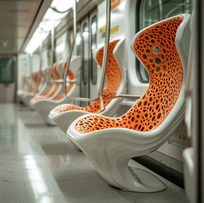 metro train car chairs with organic looking holes mesh