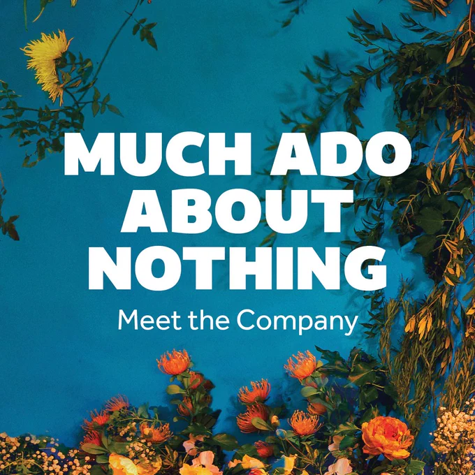A blue background with flowers and greenery. Text in white on this reads: MUCH ADO ABOUT NOTHING. MEET THE COMPANY.