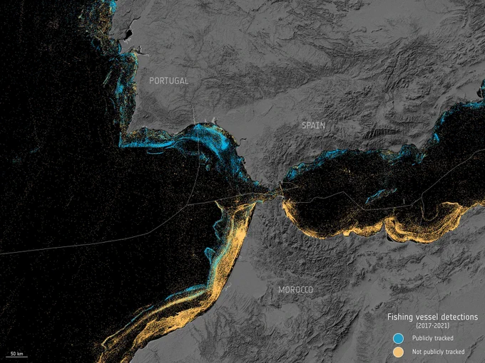 The map shows individual vessels detected by Sentinel-1 during 2017–2021, matched (blue) to known vessel positions from AIS broadcasts and unmatched vessels (orange). The vessels were classified as fishing or non-fishing with a deep-learning model. The national exclusive economic zones are overlaid.