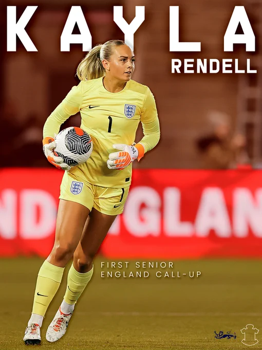 A graphic showing Southampton FC Women's Kayla Rendell wearing an all-yellow England goalkeeper kit during an England Under-23s game. Text on the graphic reads 'Kayla Rendell. First Senior England call-up.'