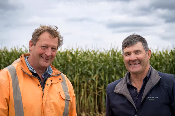 Robby Zeissig and Graeme Hamilton thankful to be bringing in the maize harvest.