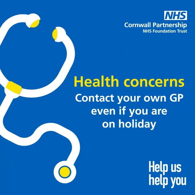 Illustration of a stethoscope. Text reads: Health concerns? Contact your own GP even if you are on holiday.