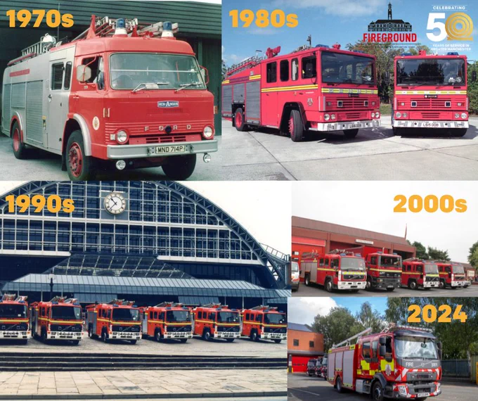 A collage of 6 pictures all showing different fire engines from over our 50 year history. Each image has a year title on them. 