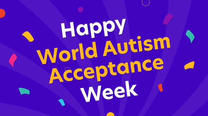 This picture shows a blue background with multi-coloured confetti on it. It includes the text "Happy World Autism Acceptance Week". 