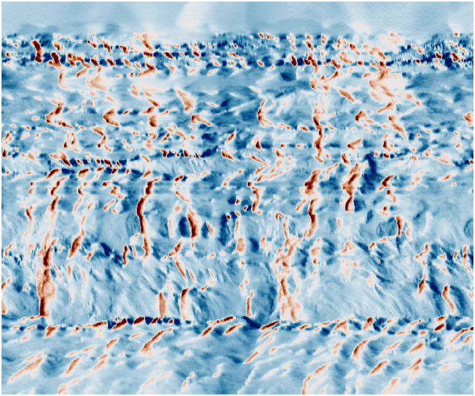 Figure showing space-time (waterfall) data recorded with DAS, exhibiting intricate ocean-bottom turbulence patterns