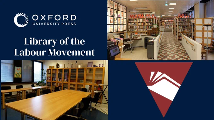 Interior shots showing visitors attending a talk and bookshelves. The library's logo - an open book in a red triangle. 
