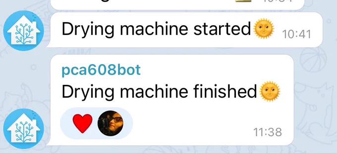 2 messages on telegram: the first marking the start of a drying cycle, the latter the end of