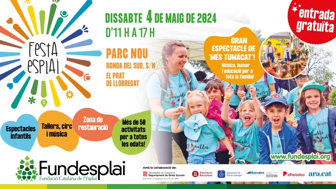 El DISSABTE 4 de maig celebrem Festa Esplai al Parc Nou del Prat de Llobregat. Amb més de 50 activitats per a totes les edats, tallers, circ i música. Entrada gratuïta.