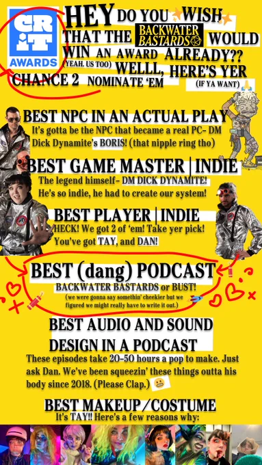 Suggestions for how to vote for the Backwater Bastards in the CRIT awards
