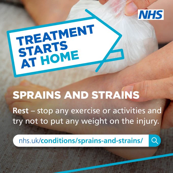 Treatment starts at home. Sprains and strains. Rest! Stop any exercise or activities and try not to put any weight on the injury.