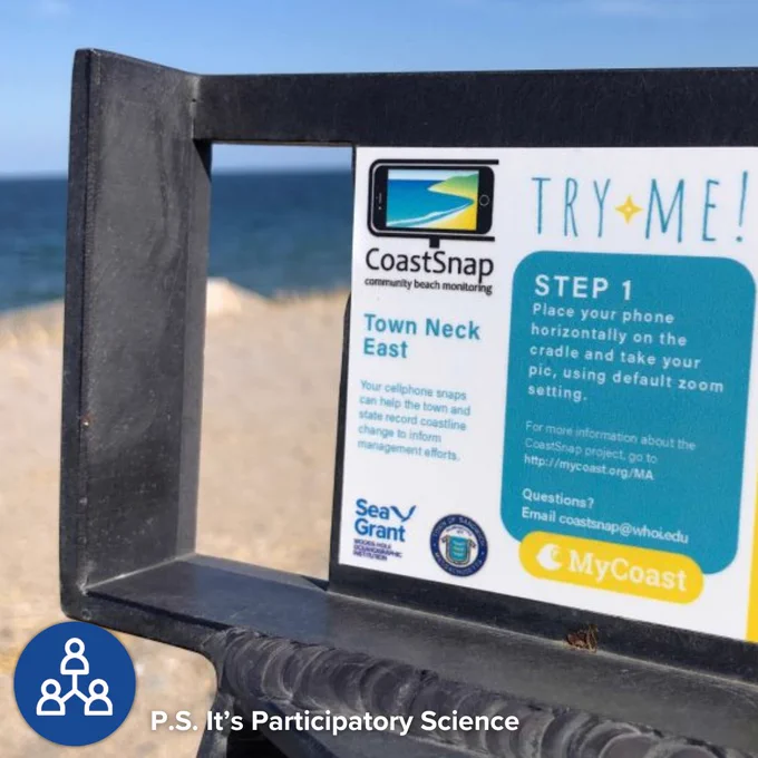 Image of a CoastSnap cradle positioned on the beach from WHOI Sea Grant.