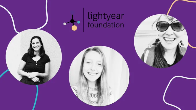 A purple coloured graphic with 3 circular images of peoples headshots in black and white with the Lightyear foundation logo.