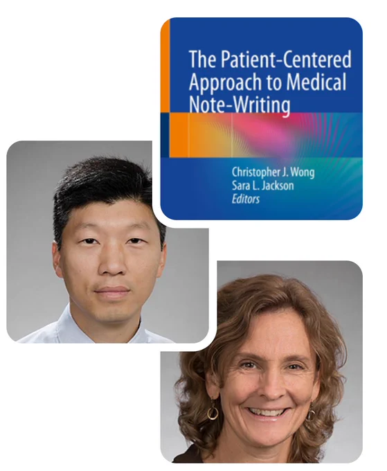 Group of three square images: Headshot of Dr. Chris Wrong, headshot of Dr. Sara Jackson, and a screenshot of their book cover with has the title and their names in white text against a blue background
