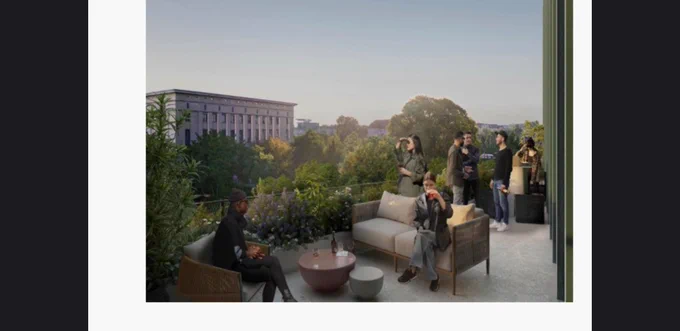 Rendering of a balcony with fancy office people right next to the club berhain