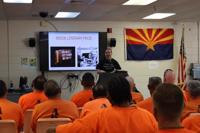 Freedom Reads Program Coordinator Steven Parkhurst speaks at an Arizona prison.