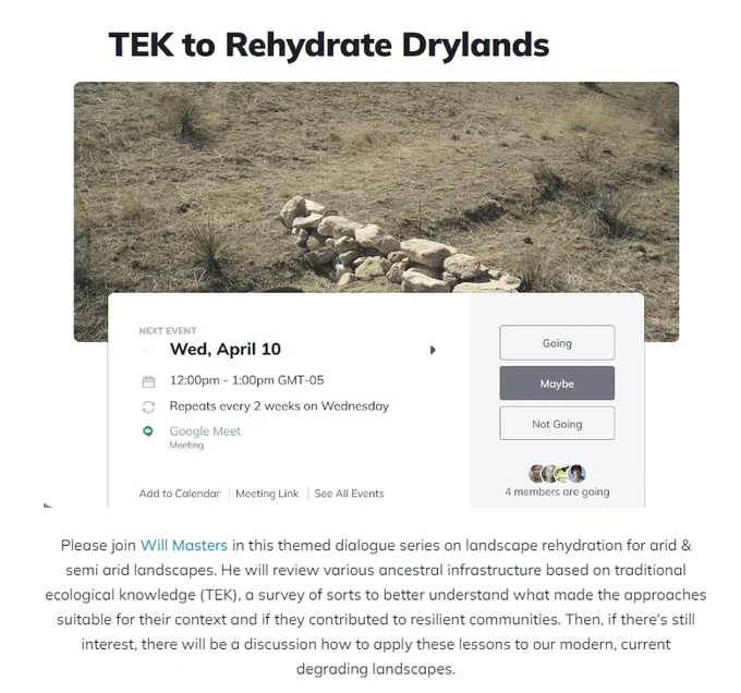 a screenshot showing a header page in the Design School to Regenerate Earth Mighty Network, showing the TEK to Rehydrate Drylands intro.