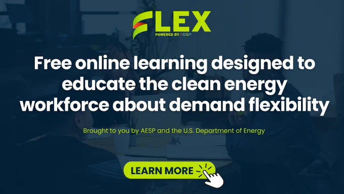 A group in the background with a navy overlay with a green button at the bottom that says learn more and the lime green FLEX logo. 