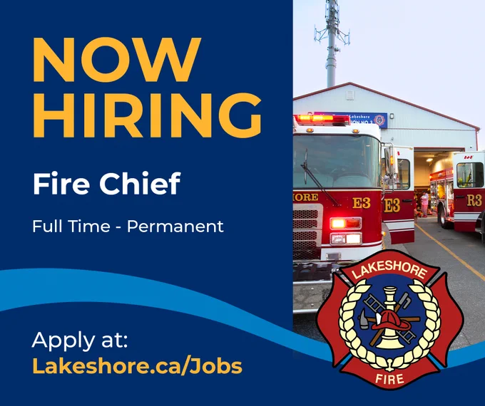 Now hiring graphic with job title text and an image of fire trucks and the lakeshore fire crest.