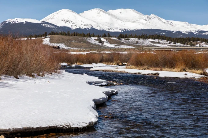 The Arkansas River and Sawatch Range near Leadville, Colorado, in March 2021. Photo by Mitch Tobin/The Water Desk.