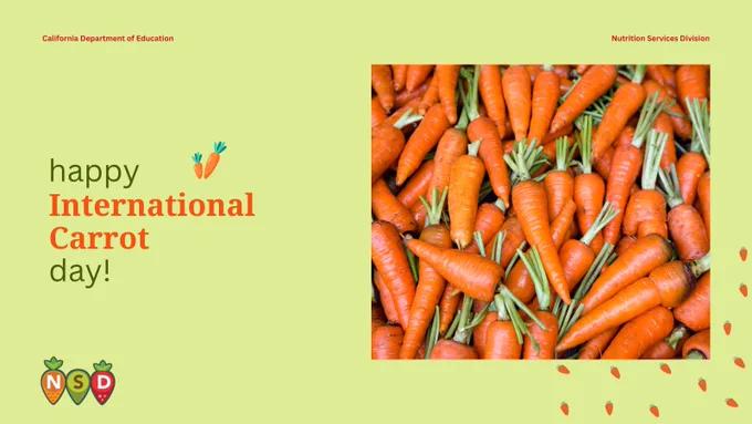 Image that says Happy International Carrot Day with a bunch of orange carrots in a pile. 
