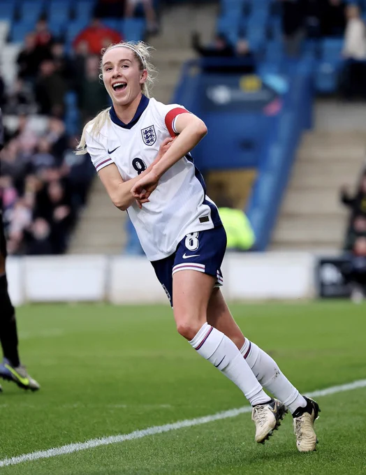 Missy Bo Kearns celebrates scoring the opening goal for the England U23s against Sweden at the New Bucks Head, Telford.