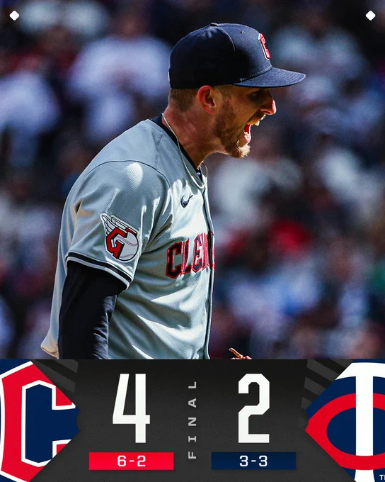 Final: Cleveland Guardians 4 (6-2), Minnesota Twins 2 (3-3)
Pictured: Tanner Bibee shouts in celebration while walking off the mound during Thursday's game. He is wearing a gray Guardians jersey with red and navy blue lettering.