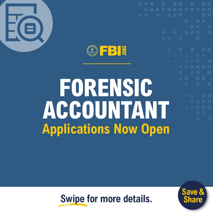 FBIJobs. Forensic Accountant. Applications Now Open. Swipe for more details. Save & Share.
