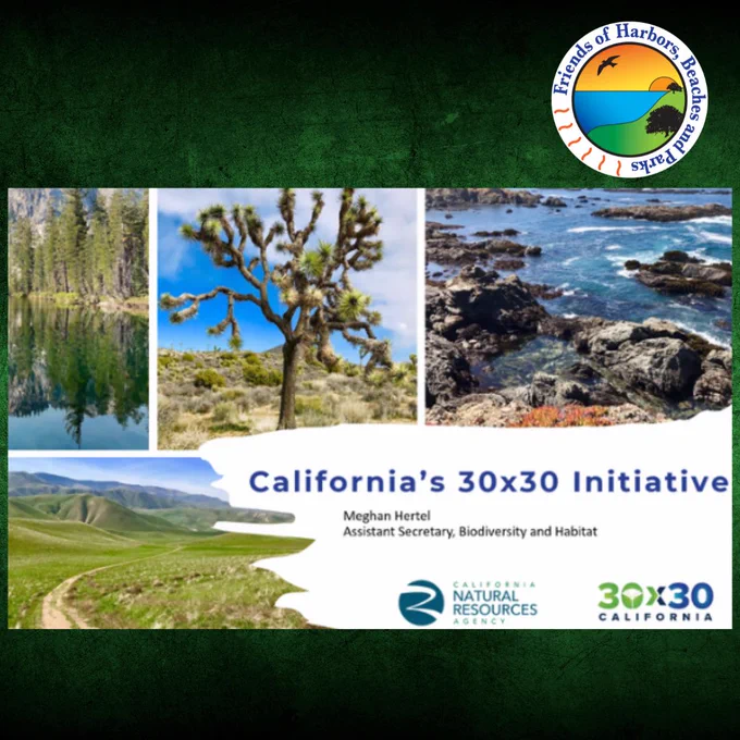 Against a green background a slide of California's 30x30 Initiative is featured with four photographs (a lake, Joshua tree, ocean, and valleys/canyons.