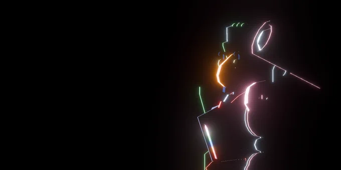 A lit outline of Blitz Kaiser, a mech originally designed by Mech Team 2