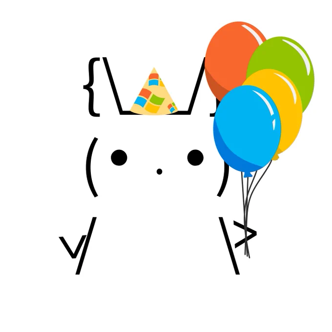 ASCII Bunny wearing a Microsoft-themed party hat and holding blue, red, green, and yellow balloons in hand.