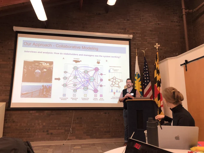 Steven Gray in front of a slide of a collaborative model