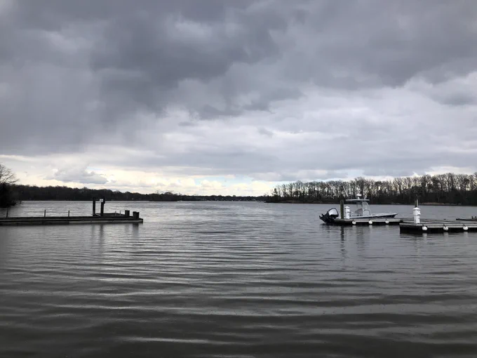 Grey skies over water