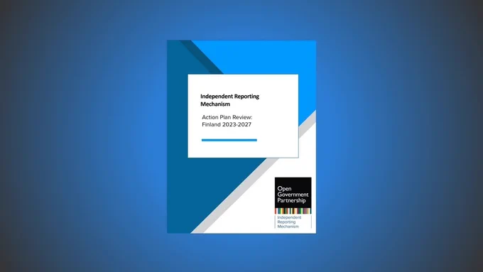 The front cover of the Action Plan Review for Finland's 2023-2027 action plan floating on a blue background. The front cover has a geometric design with different shades of blue and white triangles, with the IRM logo in the bottom right hand corner.
